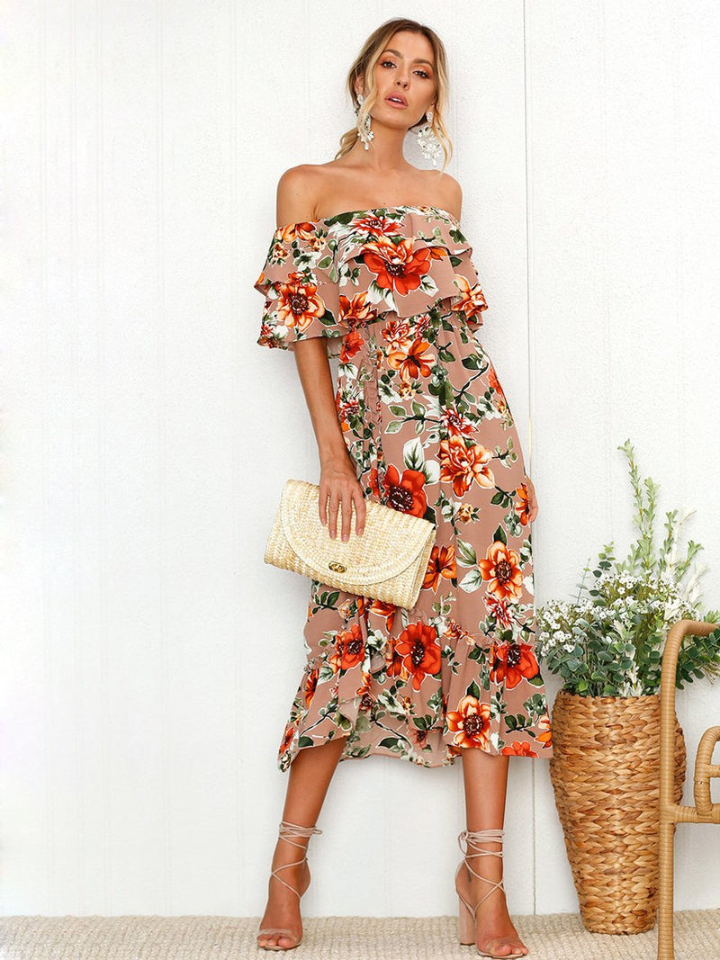 Robe à Epaules Dénudées à Imprimé Floral