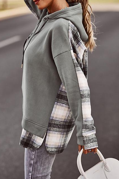 Plaid Patchwork Hooded Sweatshirt