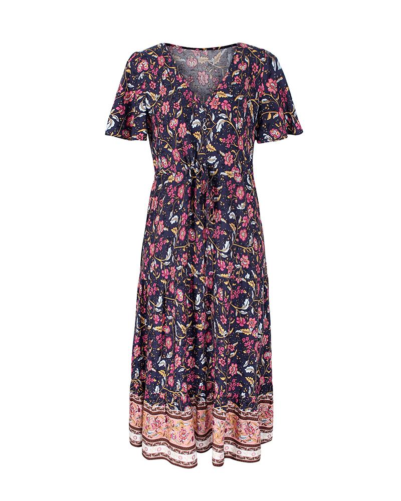 Robe Midi Floral Manches Courtes et Col en V