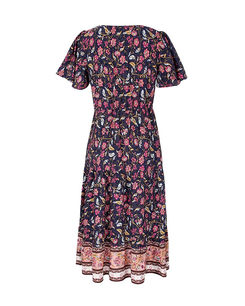 Robe Midi Floral Manches Courtes et Col en V