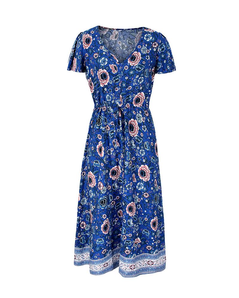 Robe Longue Floral Manches Courtes en Col V