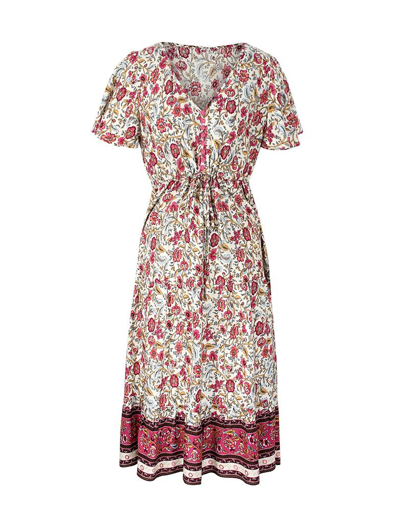 Robe Midi Floral Manches Courtes et Col en V