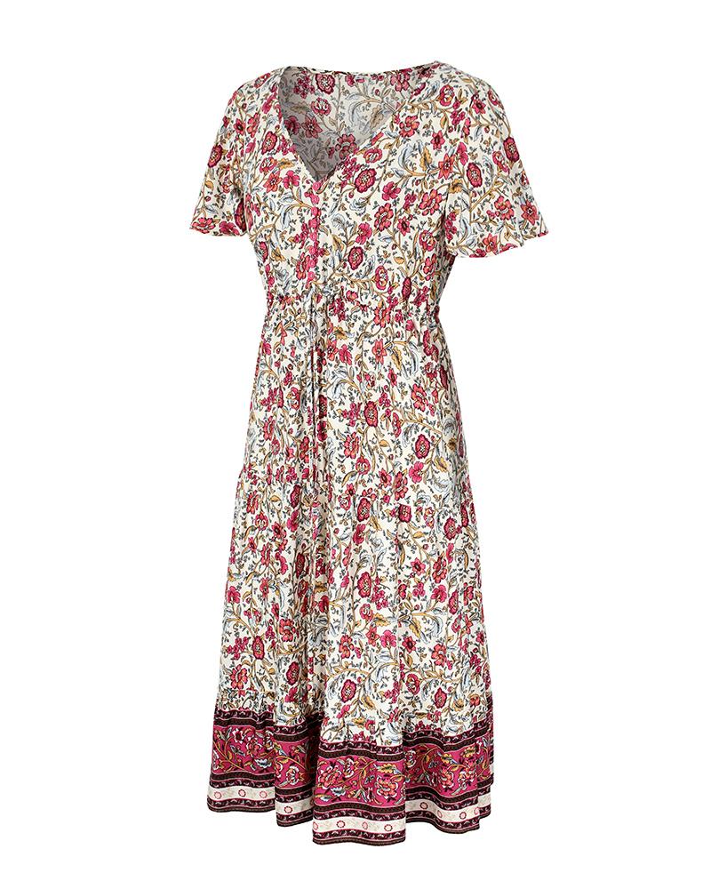 Robe Midi Floral Manches Courtes et Col en V