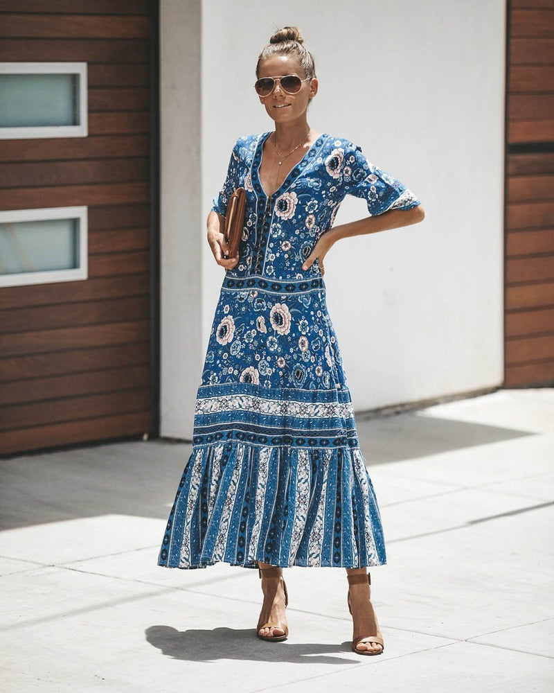 Robe Longue à Manches Courtes et Imprimé Floral Boho