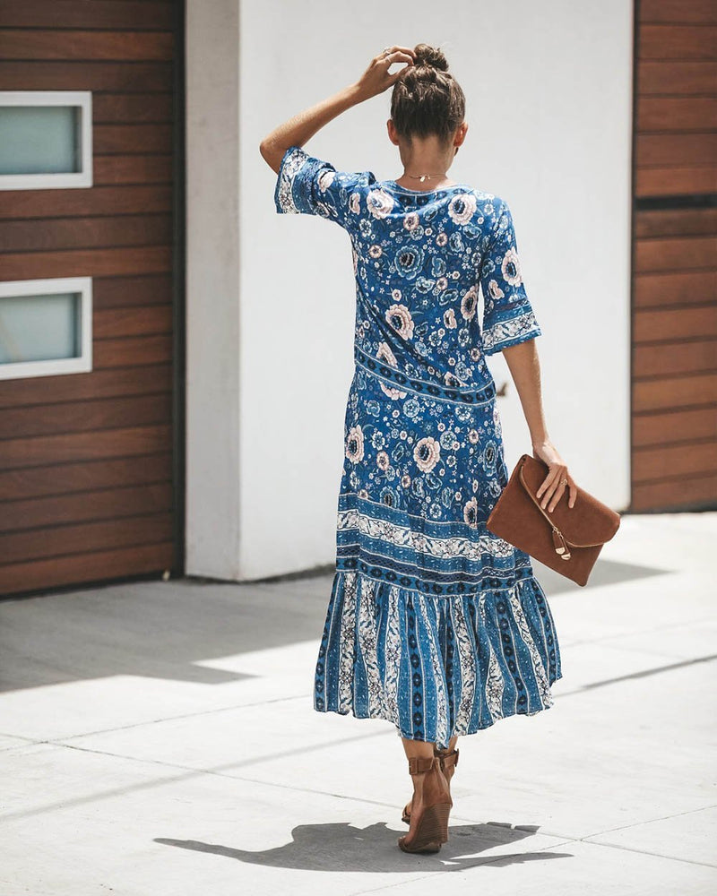 Robe Longue à Manches Courtes et Imprimé Floral Boho