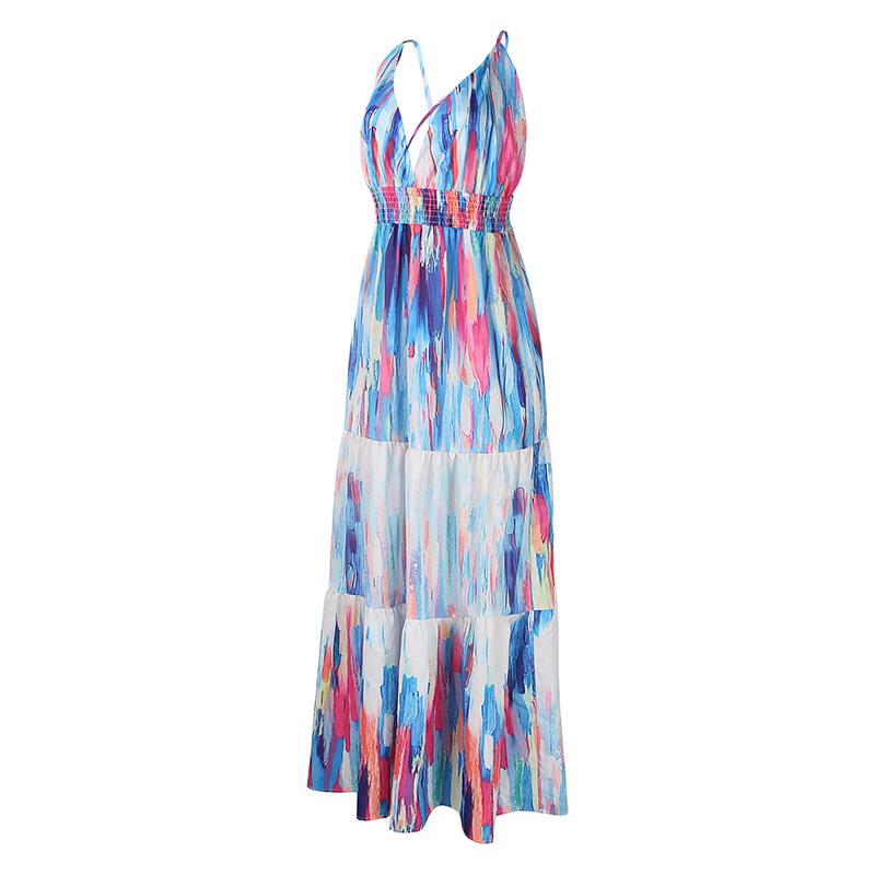 Robe Longue Tie-dye Sans Manches Taille Haute Bretelles Spaghetti