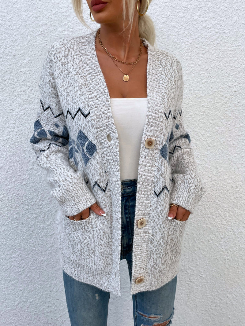 Cardigan Manches Longues Tricoté Boutonné Imprimé