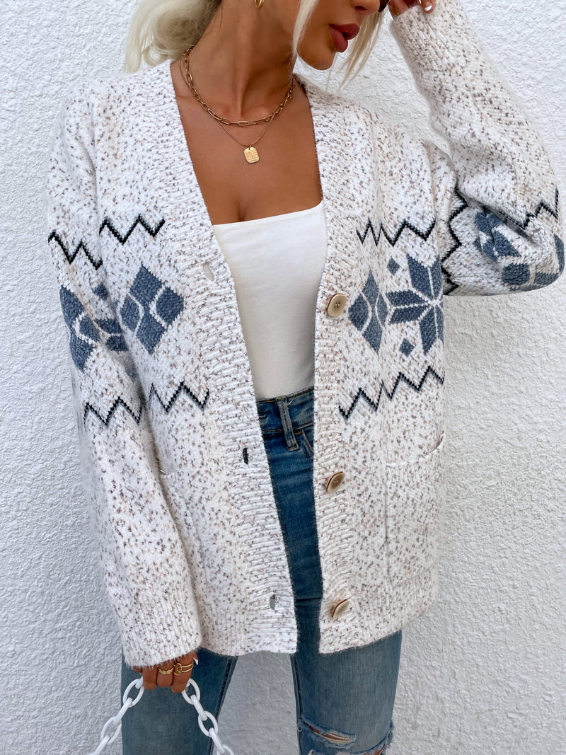 Cardigan Manches Longues Tricoté Boutonné Imprimé