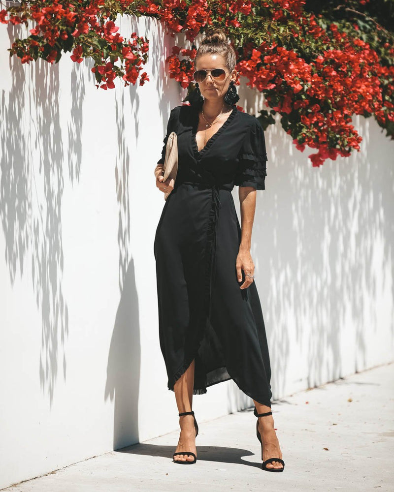 Maxi Robe à Col en V et Demi-manches Noire - CA Mode