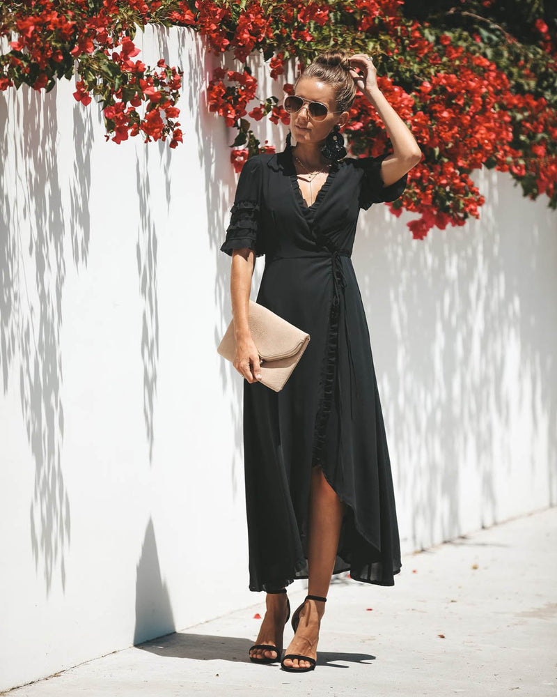 Maxi Robe à Col en V et Demi-manches Noire - CA Mode