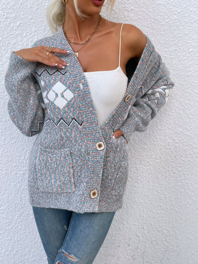 Cardigan Manches Longues Tricoté Boutonné Imprimé