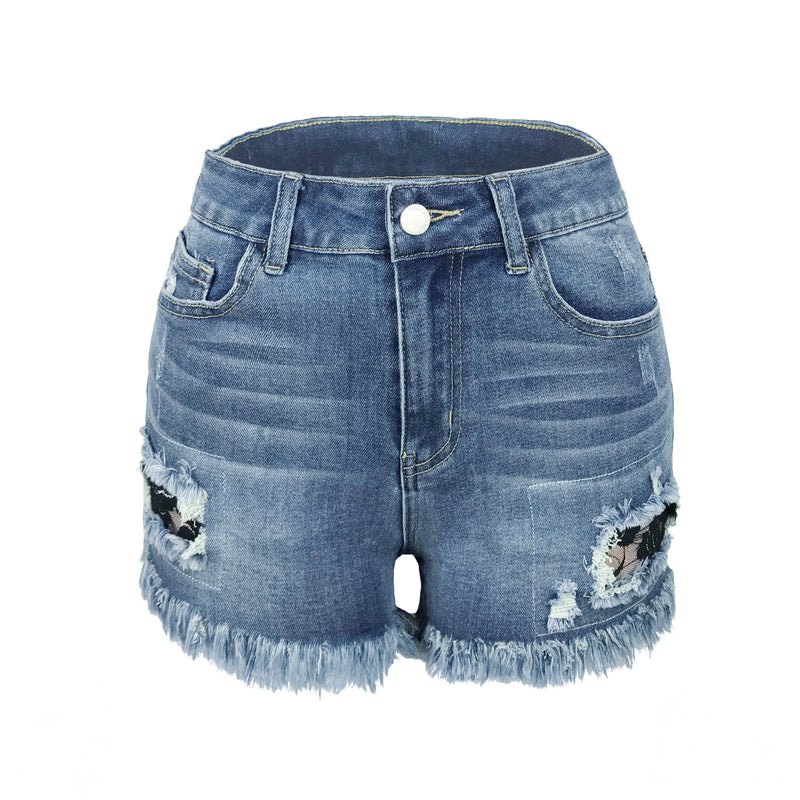 Short en Jean Décontracté Déchiré à Ourlet Brut Effiloché