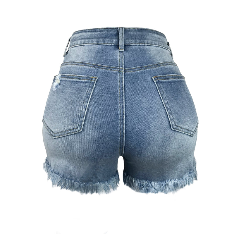 Short en Jean Décontracté Déchiré à Ourlet Brut Effiloché