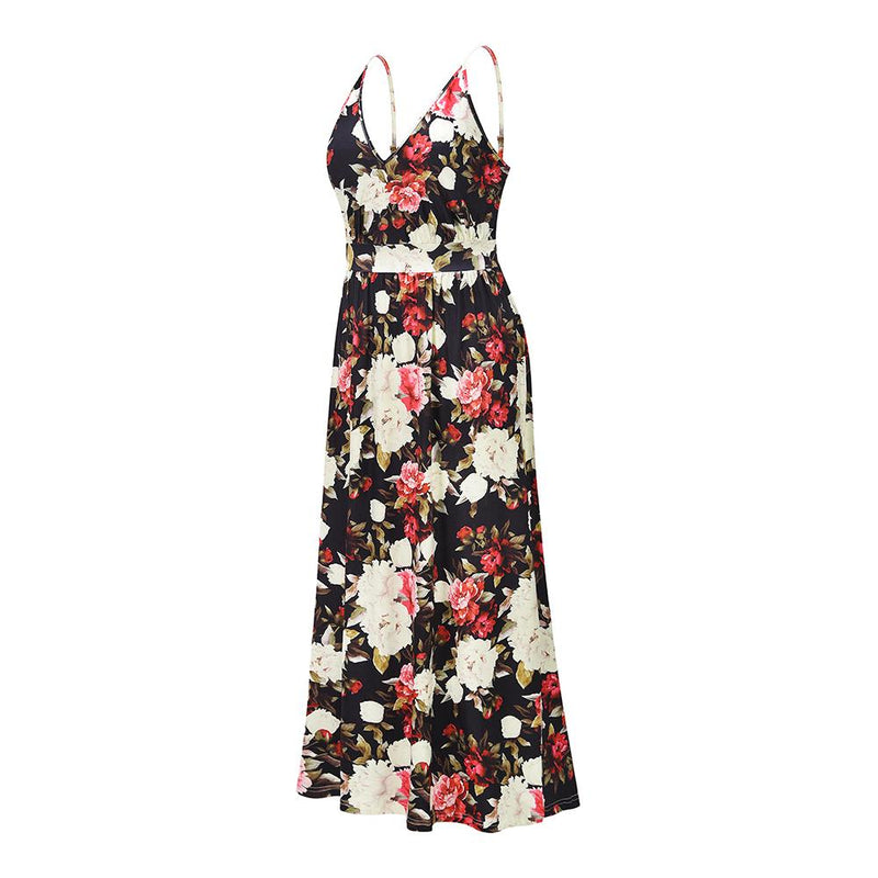 Robe Longue Floral à Bretelles Fines et Col en V