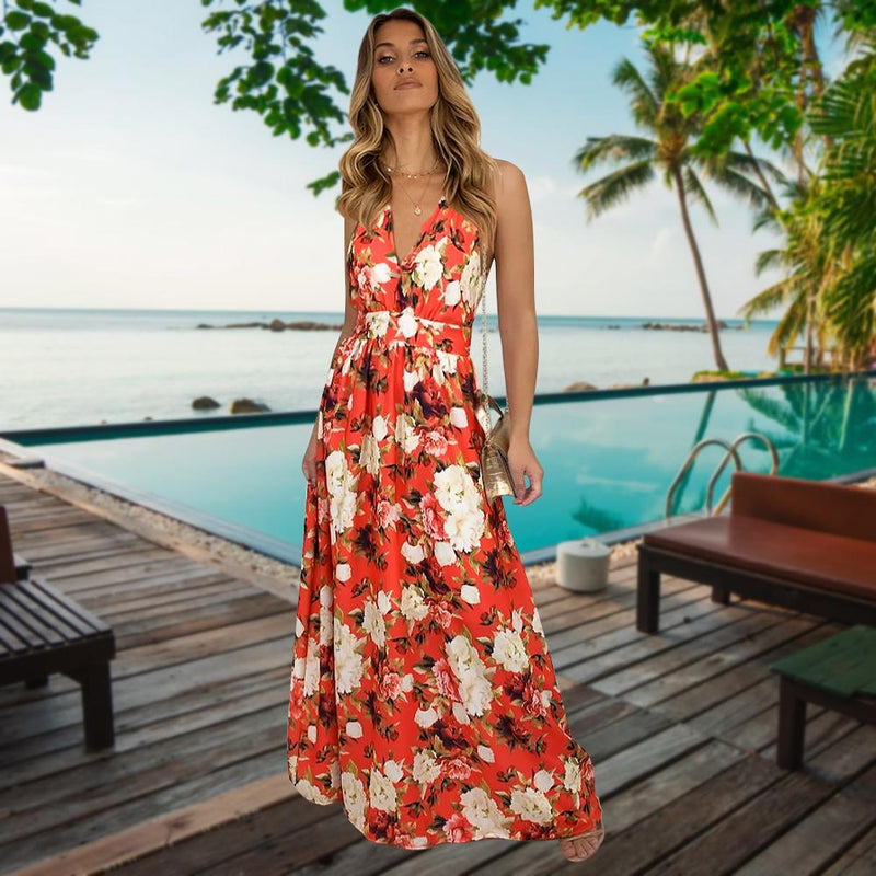 Robe Longue Floral à Bretelles Fines et Col en V