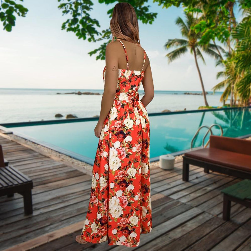 Robe Longue Floral à Bretelles Fines et Col en V