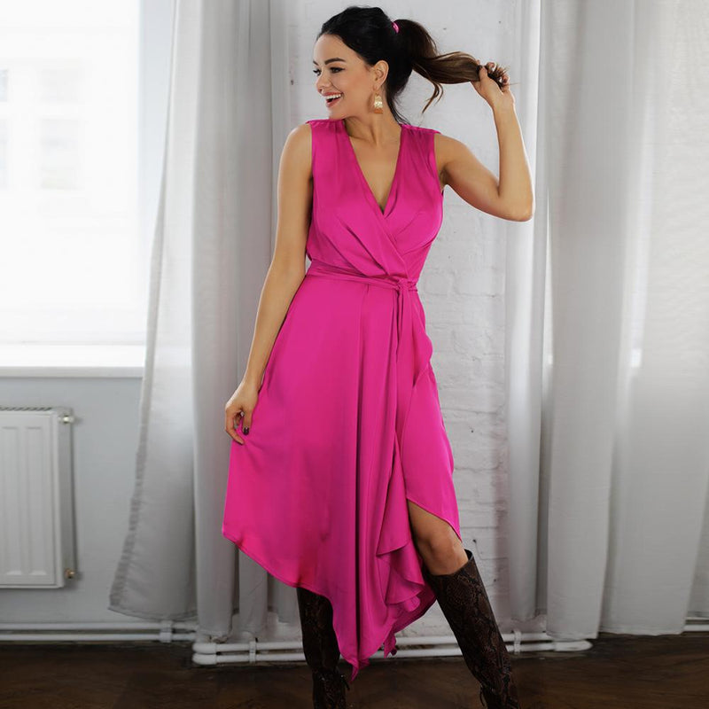 Sleeveless V Neck Wrap Front Side Tie Midi Dress