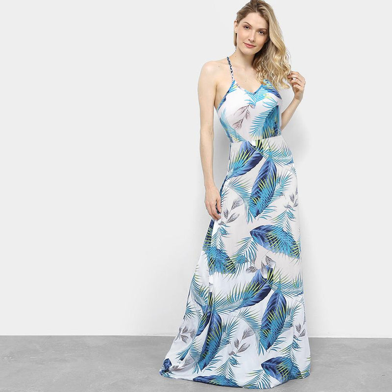 Sphaghetti Strap Leaf Print V Neck Long Beach Dress