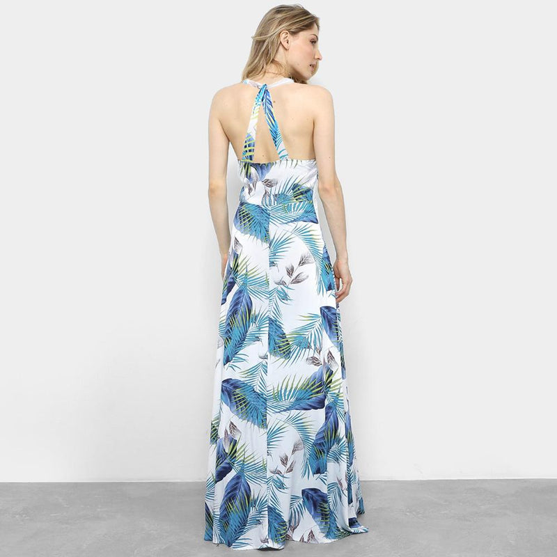 Sphaghetti Strap Leaf Print V Neck Long Beach Dress