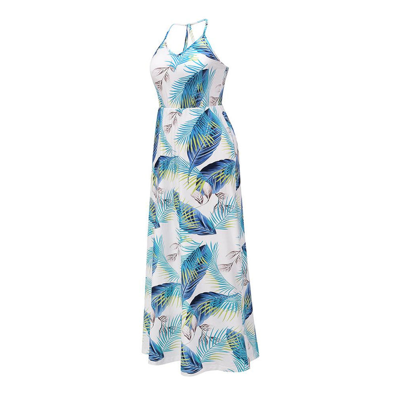 Sphaghetti Strap Leaf Print V Neck Long Beach Dress