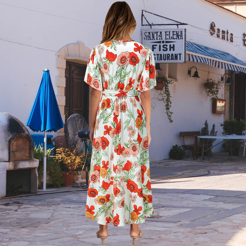 Robe Maxi Floral Décontractée en Col V Nouer à la Taille