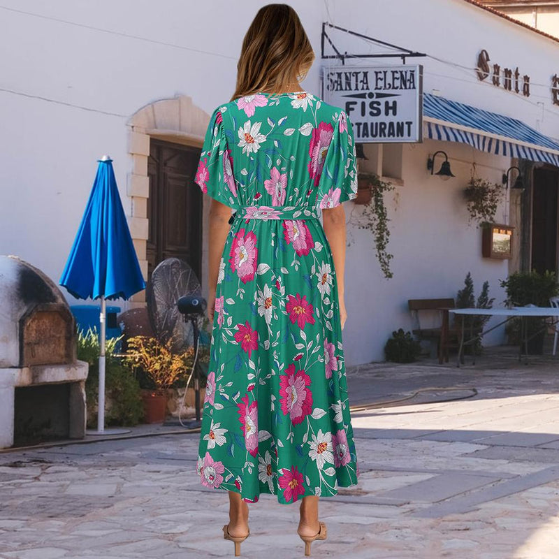 Robe Maxi Floral Décontractée en Col V Nouer à la Taille