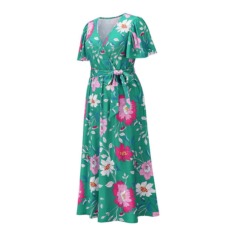 Robe Maxi Floral Décontractée en Col V Nouer à la Taille