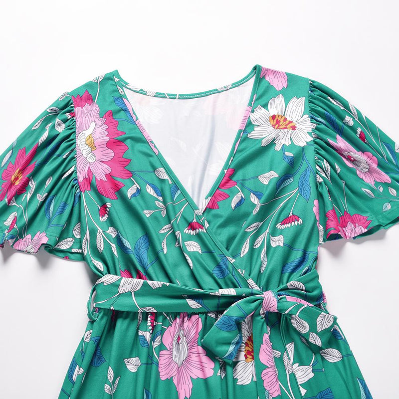 Robe Maxi Floral Décontractée en Col V Nouer à la Taille