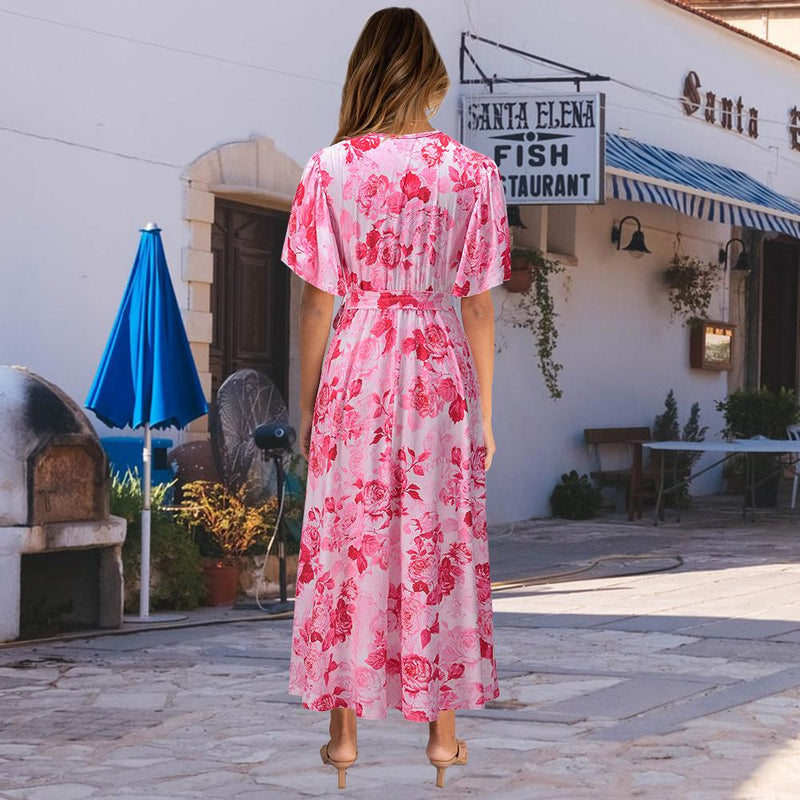 Robe Maxi Floral Décontractée en Col V Nouer à la Taille