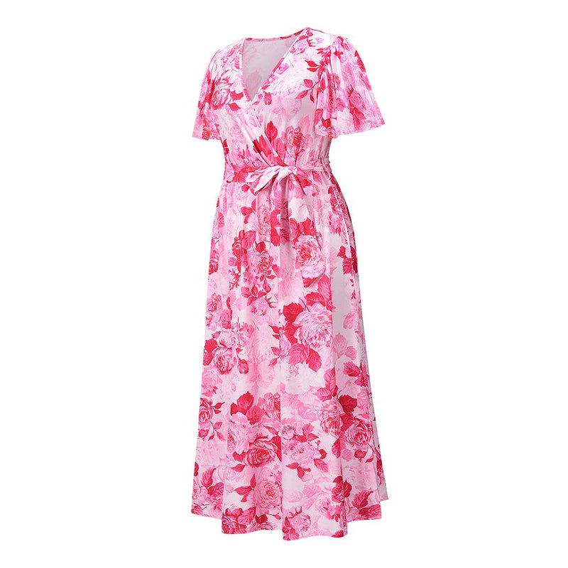 Robe Maxi Floral Décontractée en Col V Nouer à la Taille