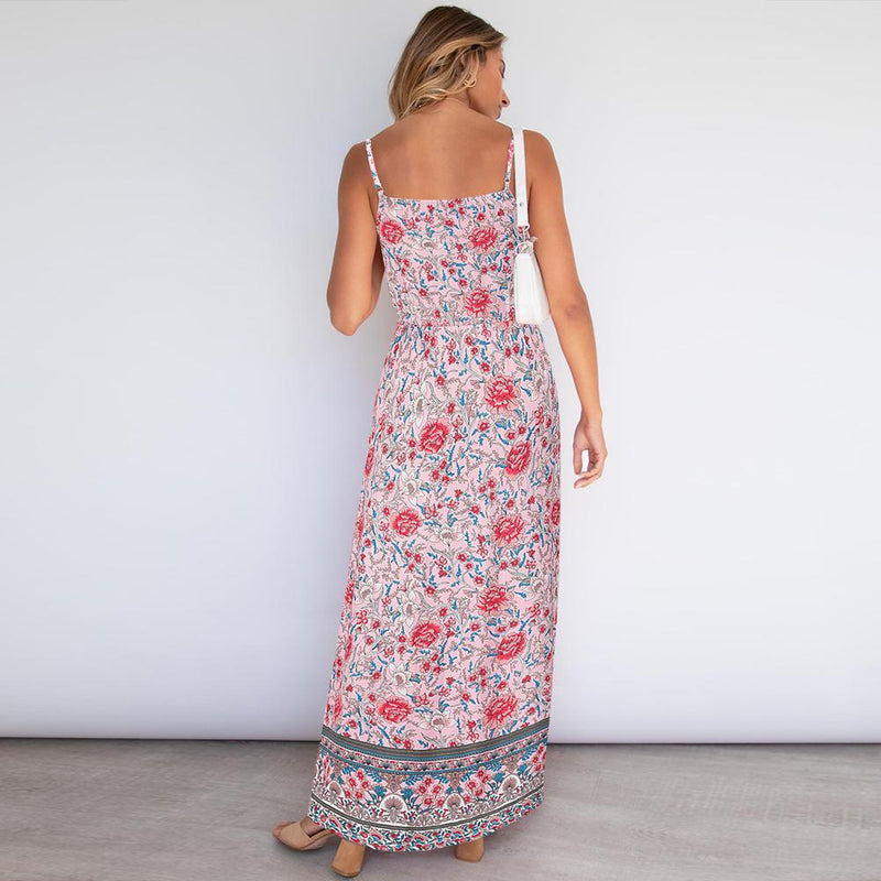 Robe Maxi Sans Manches Floral Dos Nu Bretelles Spaghetti Réglables