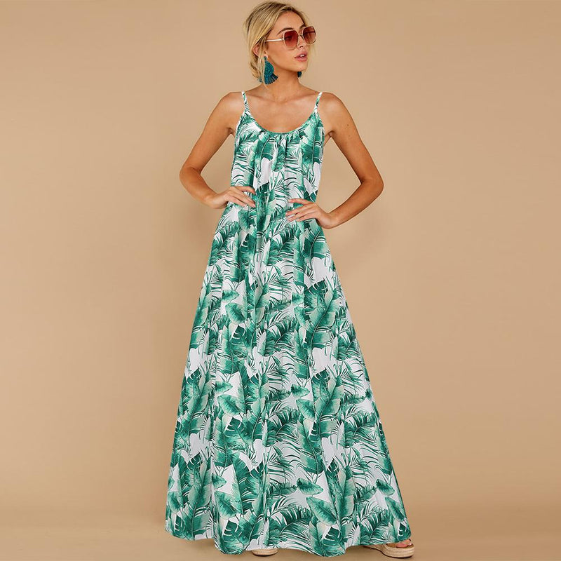 Robe Longue Sans Manches à Fines Bretelles Imprimé Floral