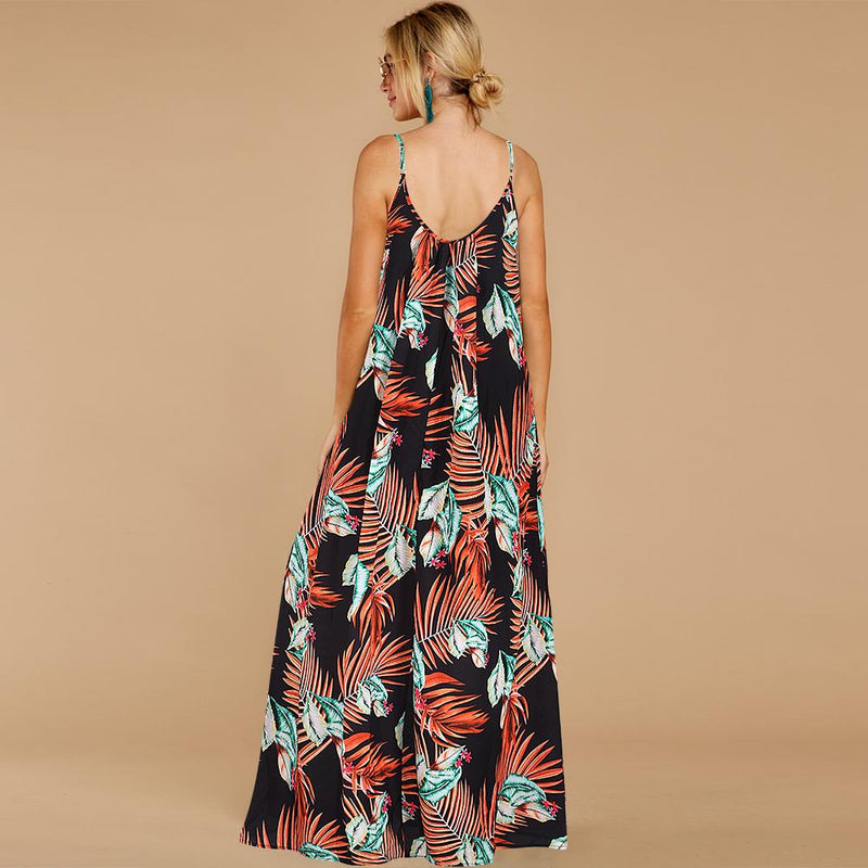 Robe Longue Sans Manches à Fines Bretelles Imprimé Floral