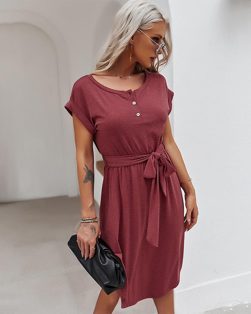 Robe Midi Col Rond Manches Courtes Nouer Reins