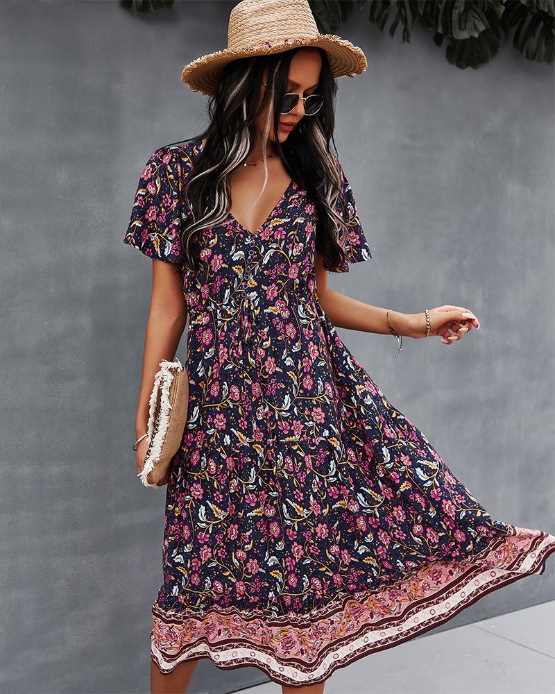 Robe Midi Floral Manches Courtes et Col en V