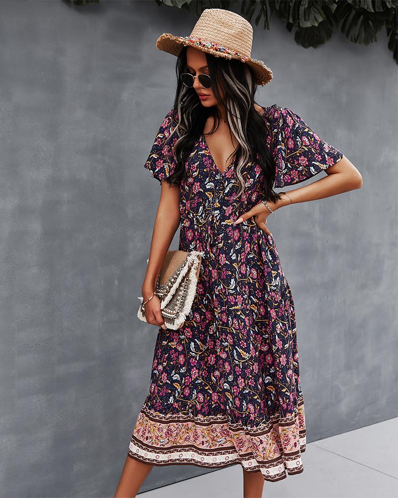 Robe Midi Floral Manches Courtes et Col en V