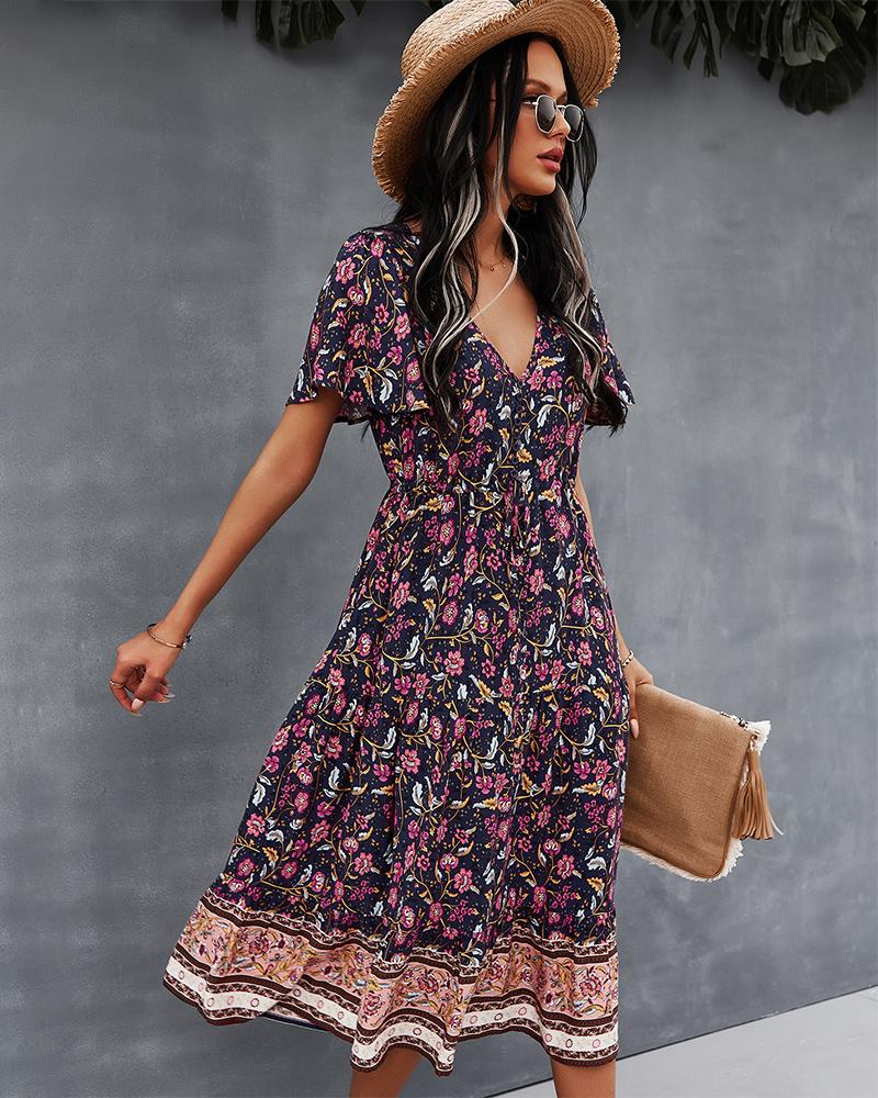 Robe Midi Floral Manches Courtes et Col en V