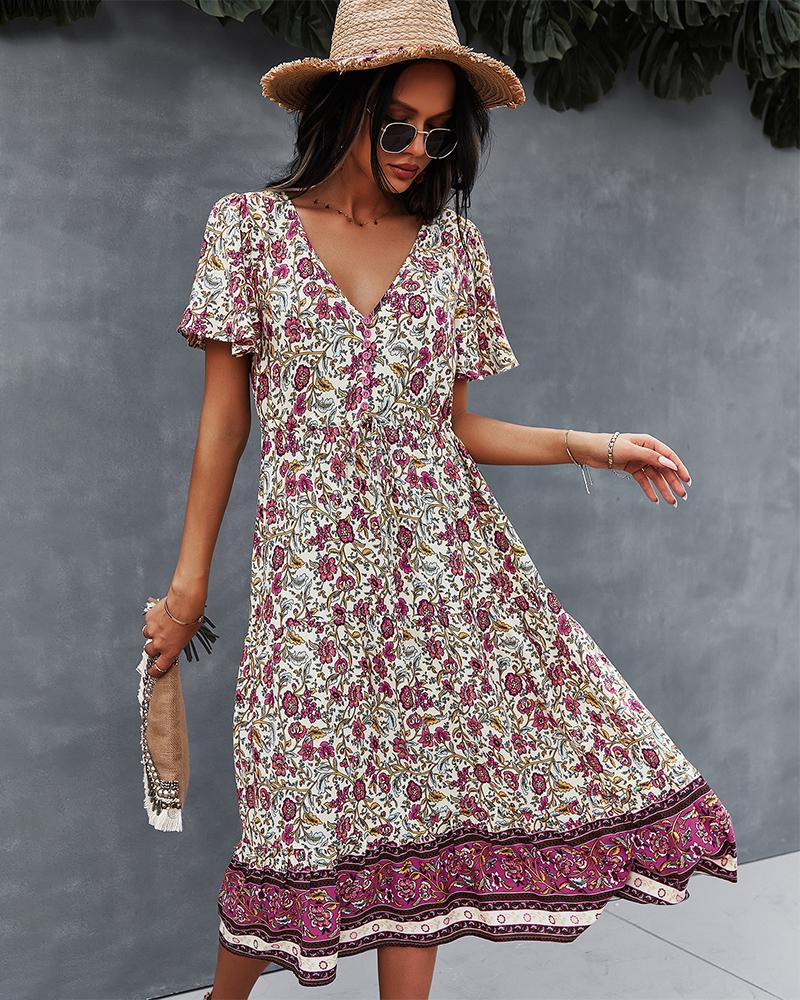 Robe Midi Floral Manches Courtes et Col en V