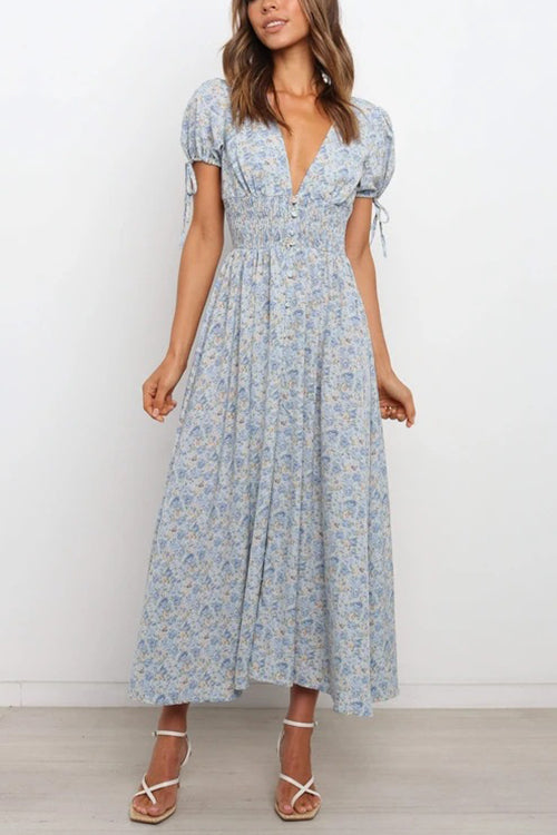 Robe Maxi Taille Froncée Col en V