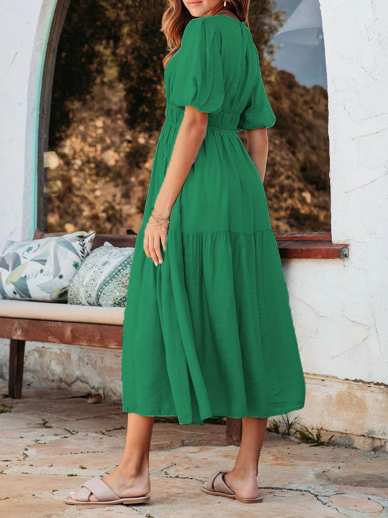 Robe Midi Ample Manches Courtes Col Rond