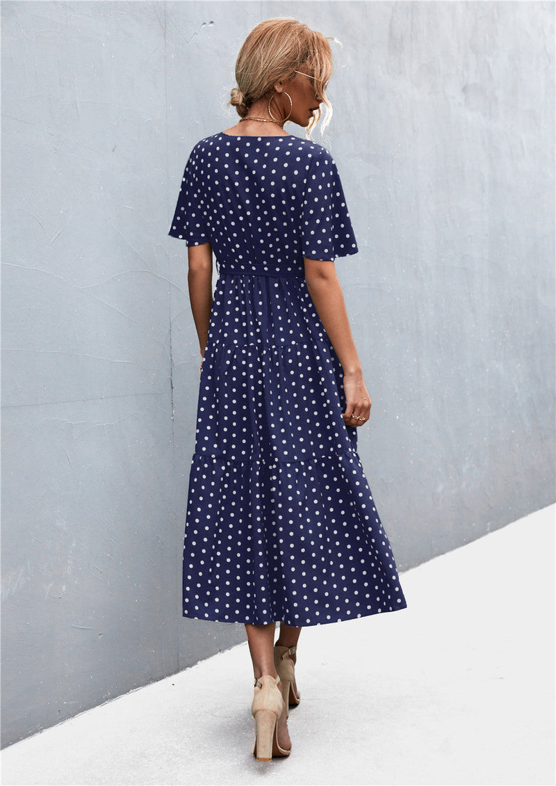 Robe Longue à Pois Col en V Manches Courtes et Taille Élastique