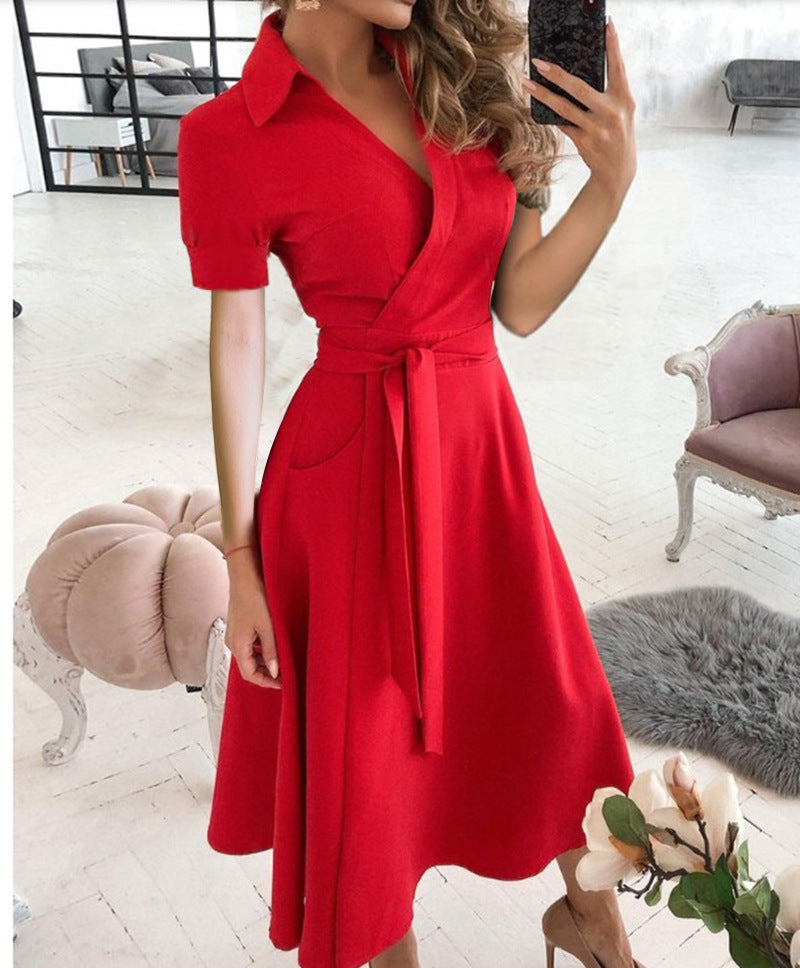 Robe Midi Manches Courtes Col en V Croisé