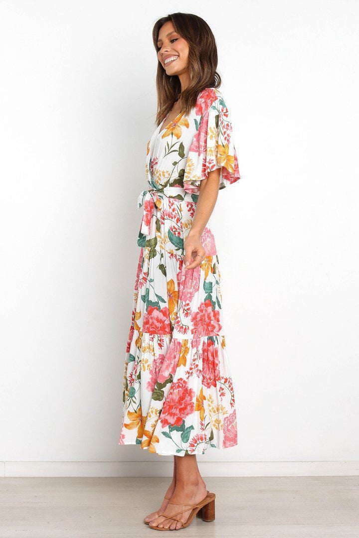 Robe Longue Floral Manches Courtes Col V