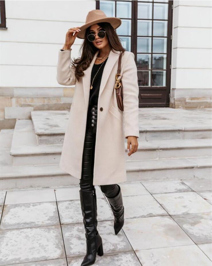 Fashion Lapel Knee Length Woolen Outerwear Jacket Coat