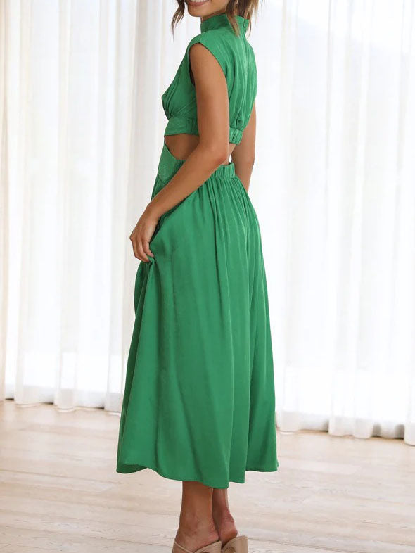 Robe Maxi Élégante Unie Sans Manches Col Rond