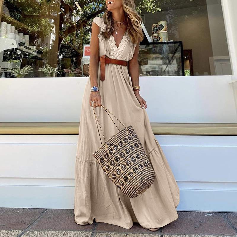 Robe Maxi Ceinturée Col en V Profond Sans Manches