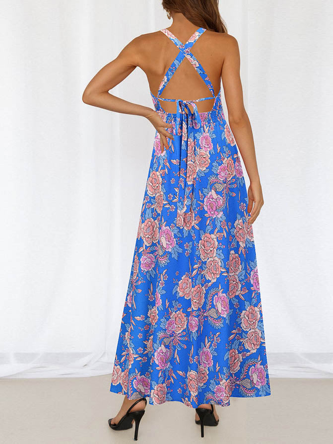 Robe Maxi Florale Sans Manches Col Halter Dos Croisé