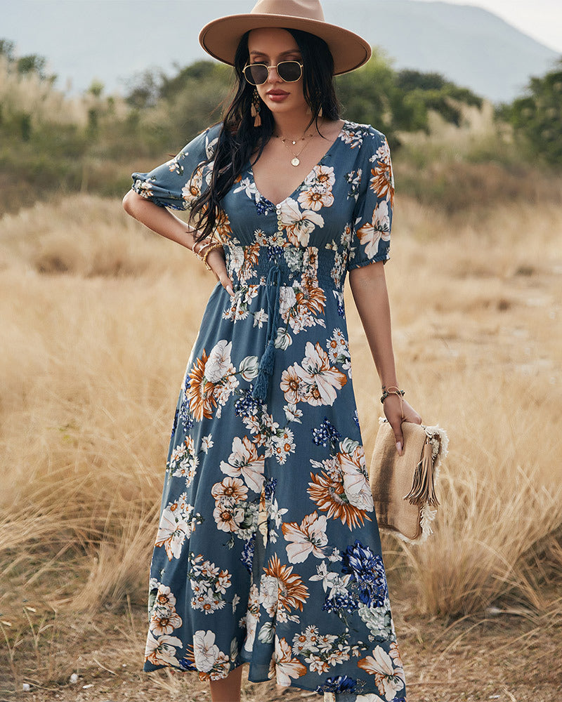 Robe Longue Manches Courtes et Col en V Floral