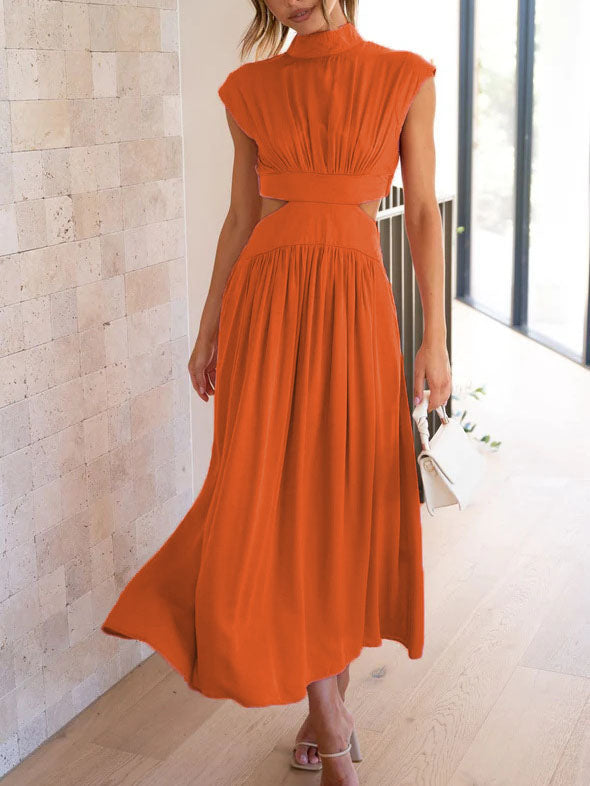 Robe Maxi Élégante Unie Sans Manches Col Rond