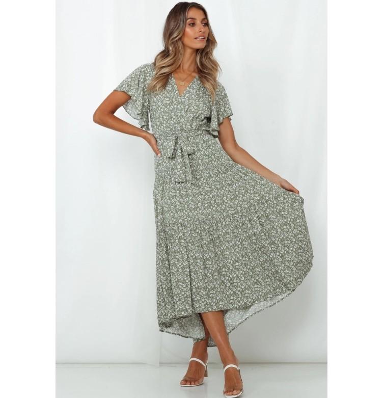 Robe Midi Imprimée Manches Courtes Col en V